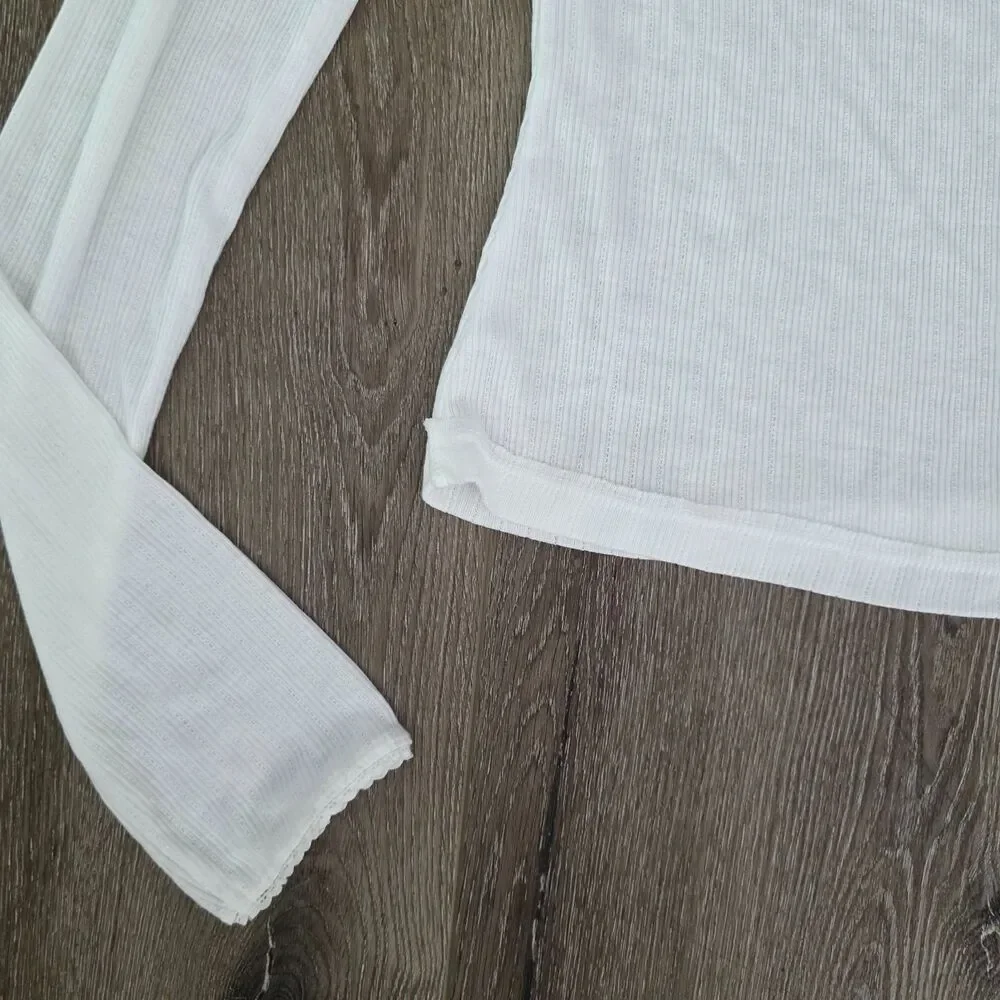 Intimately Free People M White Long Sleeve V Neck Top W Lace Ribbon Trim NWT